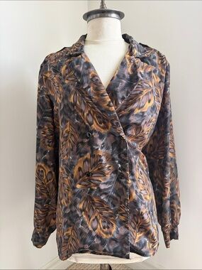Feather-Print Double-Breasted Button-Down Blouse - Brown/Gray/Gold